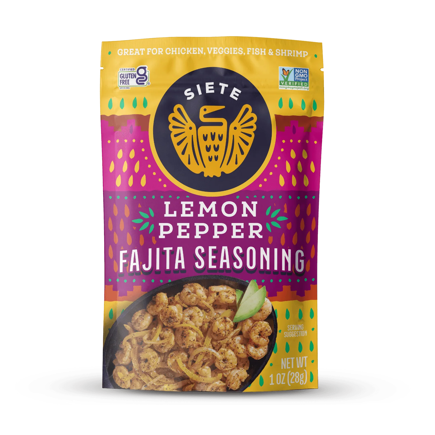 Siete Lemon Pepper Fajita Seasoning package on a white background