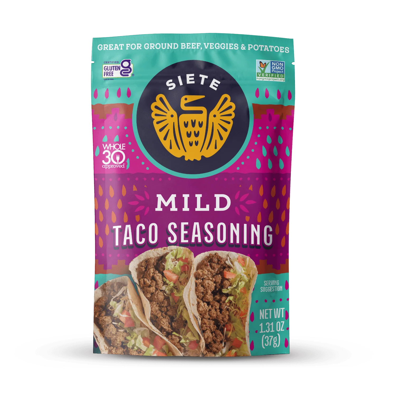 Siete Mild Taco Seasoning package on a white background