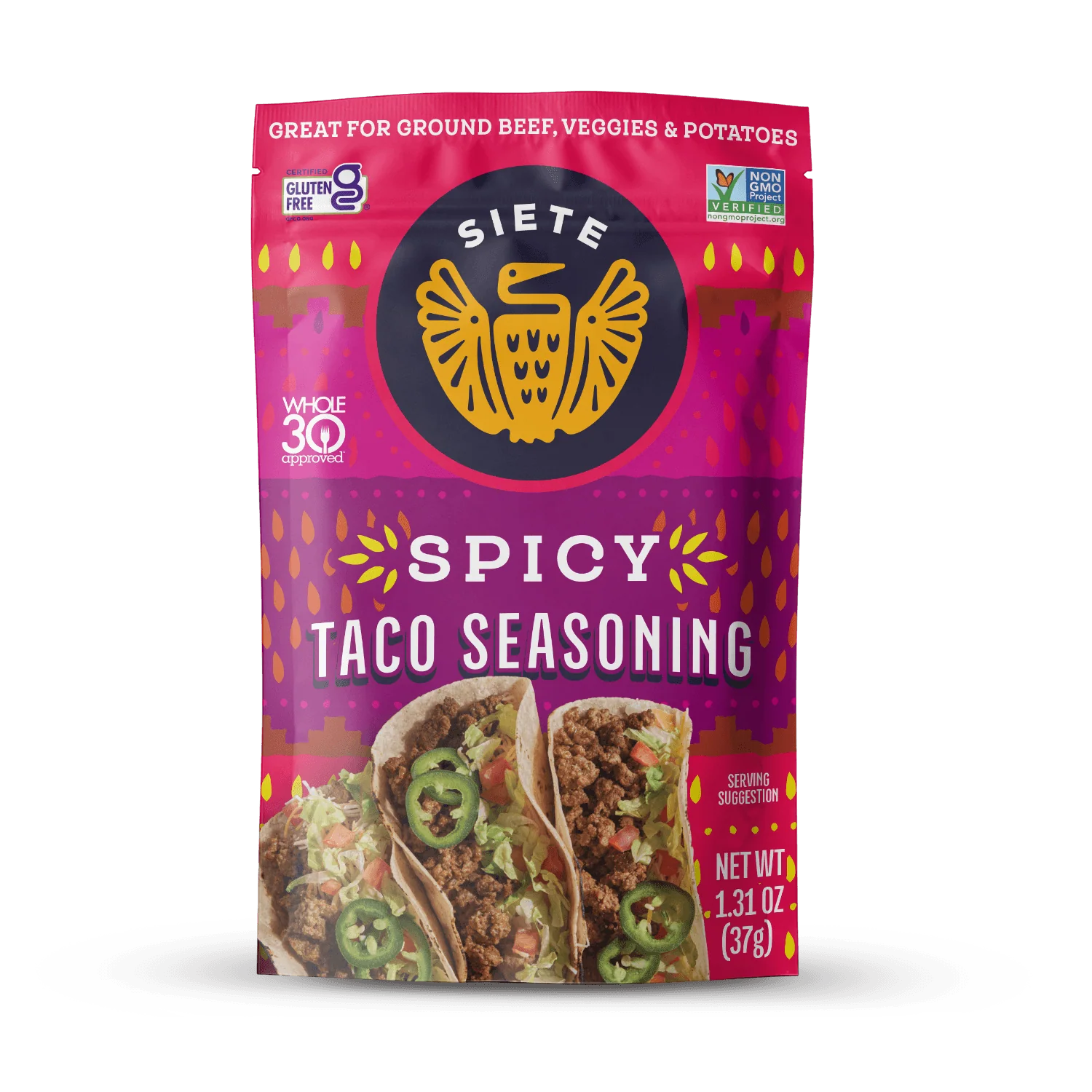 Siete Spicy Taco Seasoning package on a white background