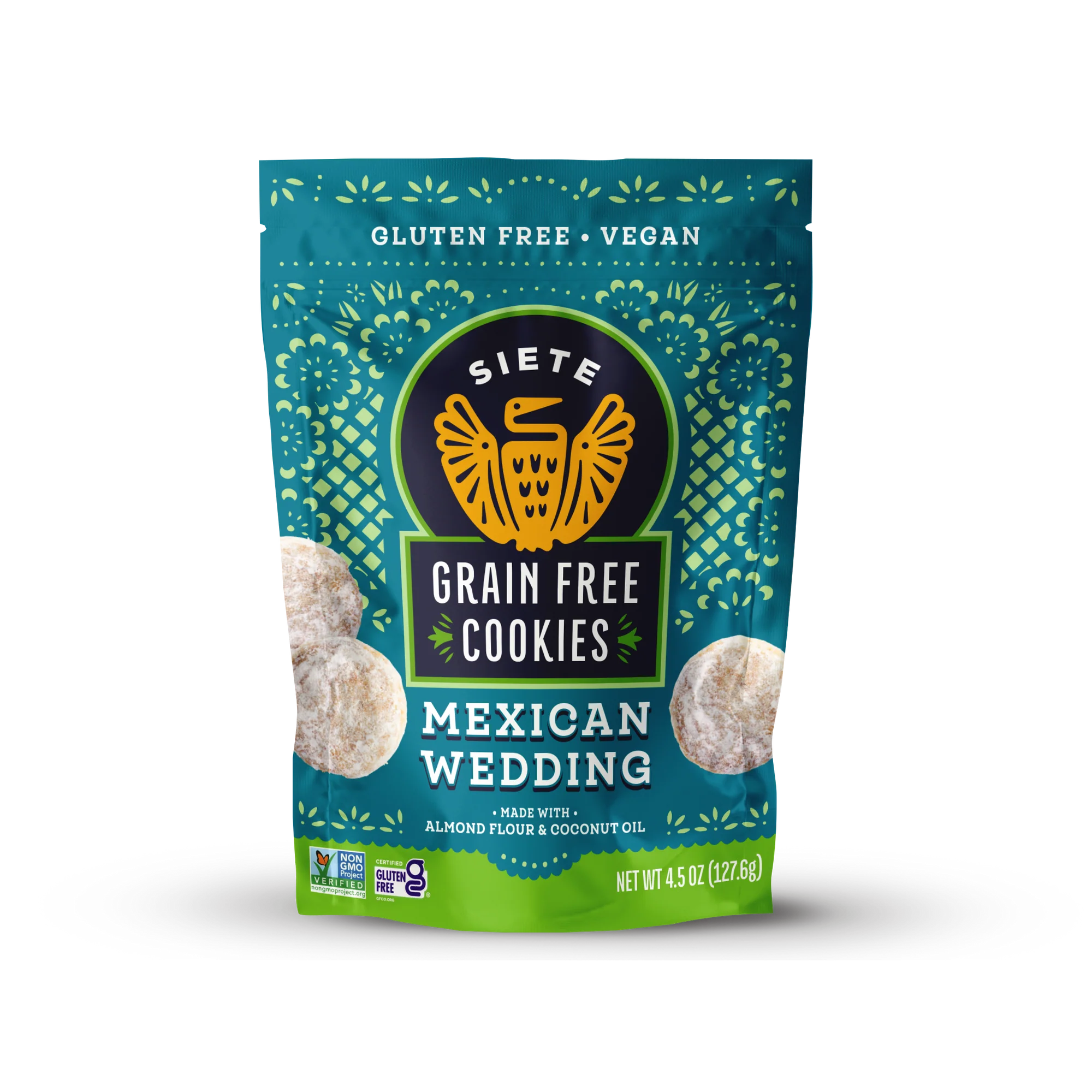 Packaging of Siete Grain Free Mexican Wedding Cookies on a white background