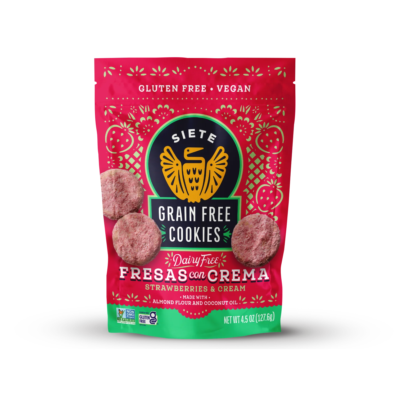 Siete Grain Free Cookies packaging with strawberries and cream flavor on a white background