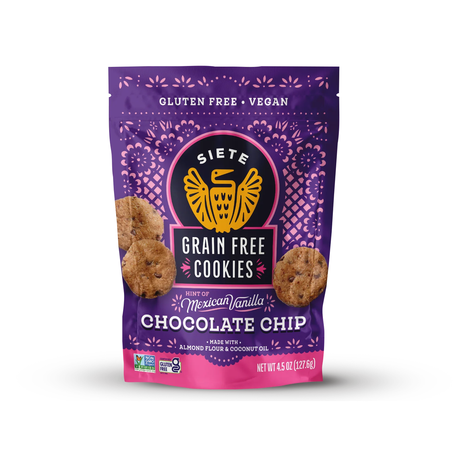 Purple package of Siete grain-free cookies with chocolate chips on a white background