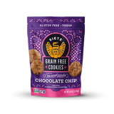 Purple package of Siete grain-free cookies with chocolate chips on a white background