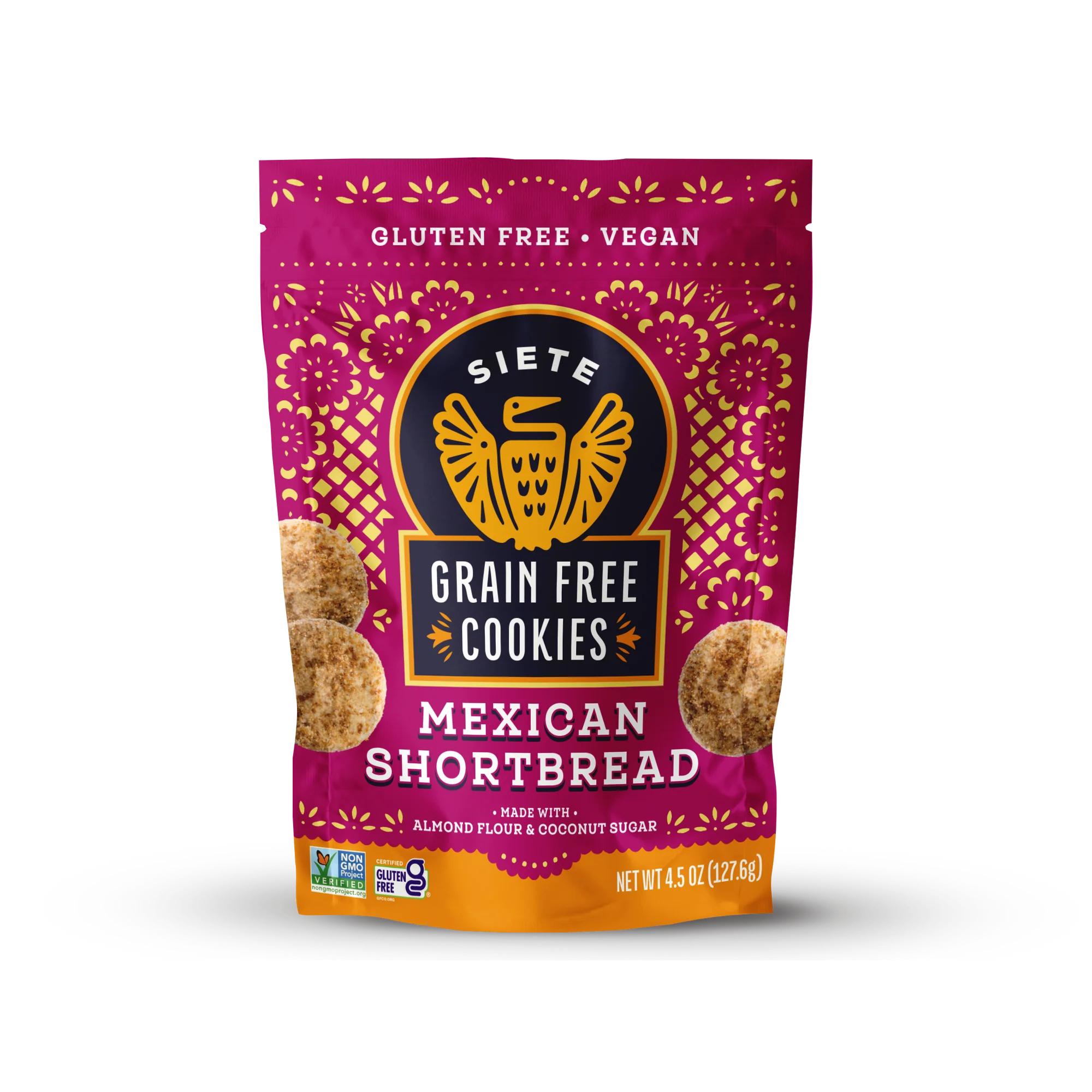 Packaging of Siete Grain Free Cookies Mexican Shortbread on a white background