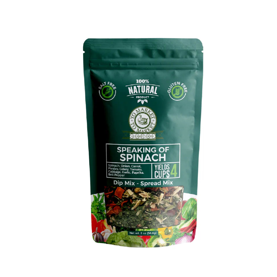 Green package of 'Speaking of Spinach' dip mix or spread mix on a white background