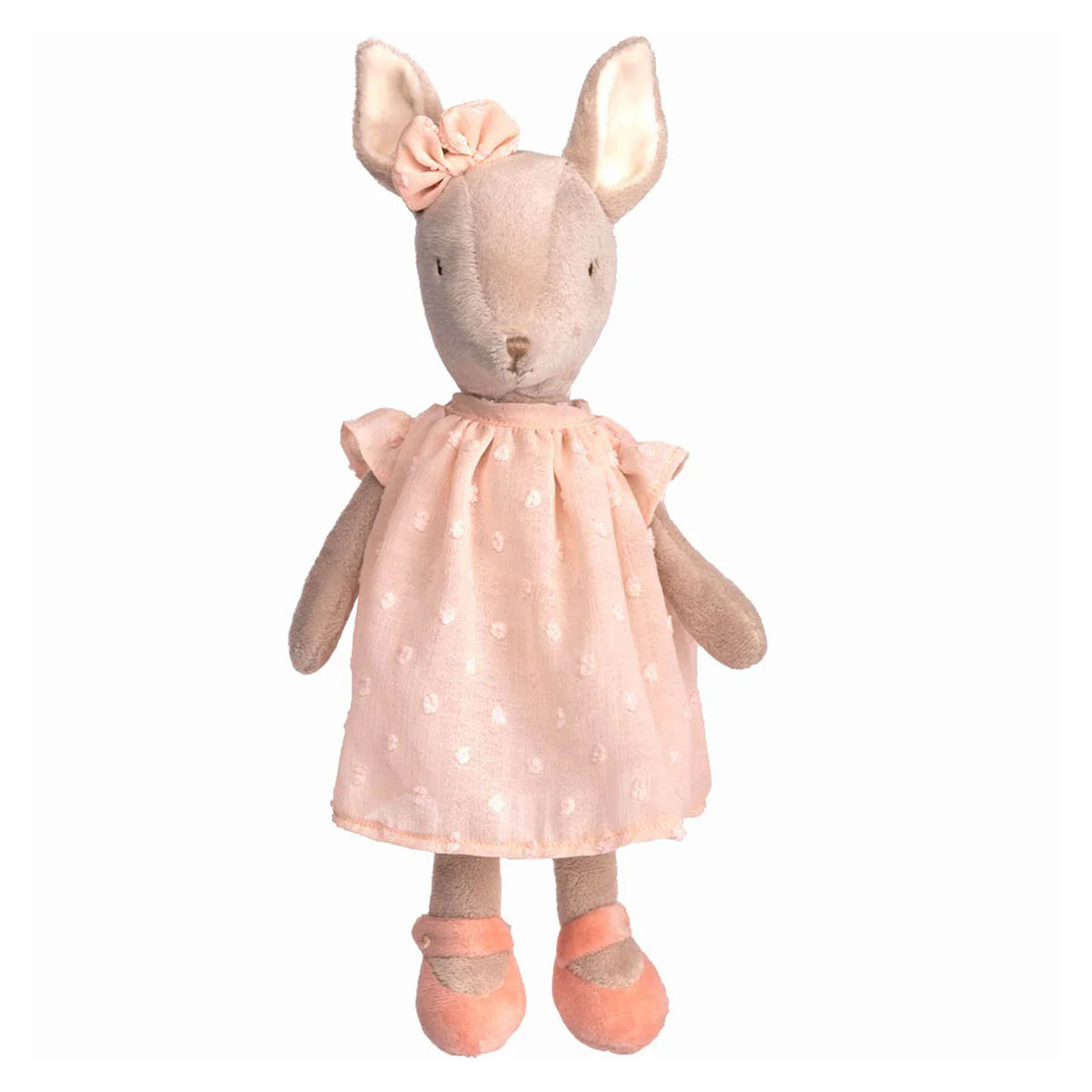 Stuffed animal toy with a pink dress on a white background