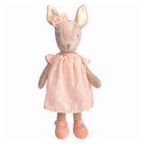 Stuffed animal toy with a pink dress on a white background