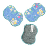 Three reusable menstrual pads with floral patterns on a white background