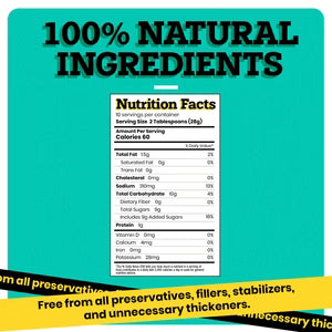 Nutrition facts label on a green background with '100% Natural Ingredients' text.