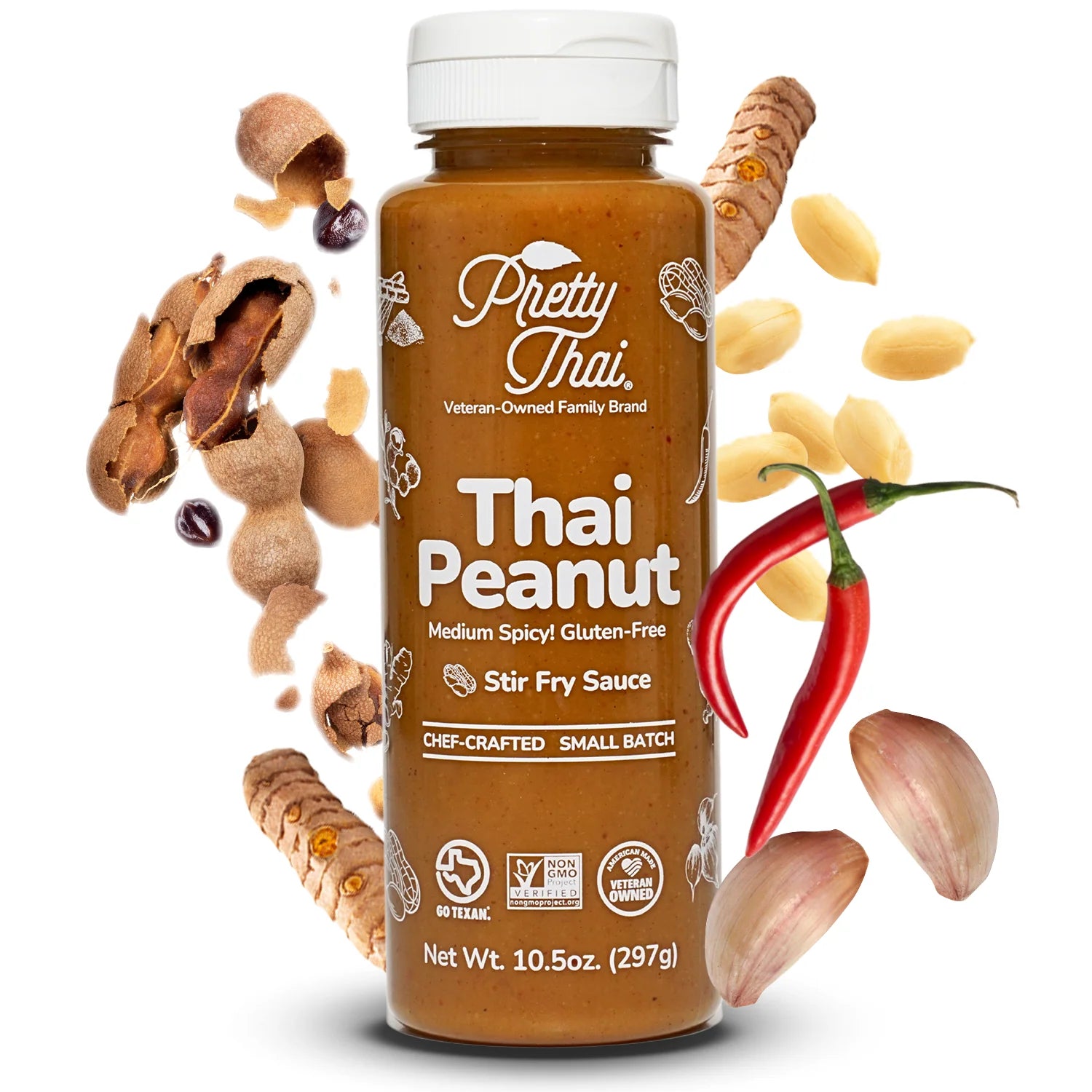 Pretty Thai Thai Peanut Stir Fry Sauce bottle with peanuts and chili peppers on a white background