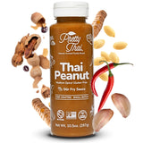 Pretty Thai Thai Peanut Stir Fry Sauce bottle with peanuts and chili peppers on a white background