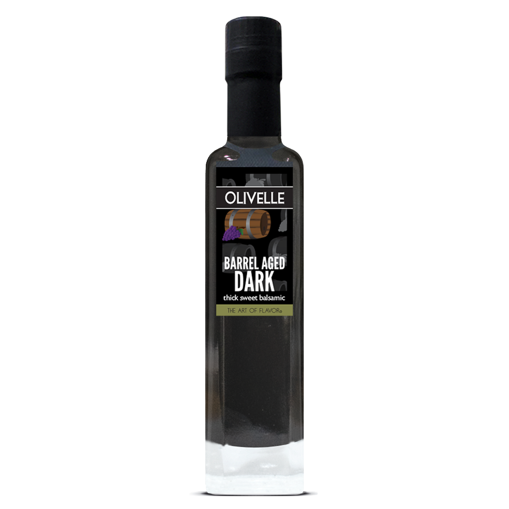 Bottle of Olivelle Barrel Aged Dark Balsamic Vinegar on a white background