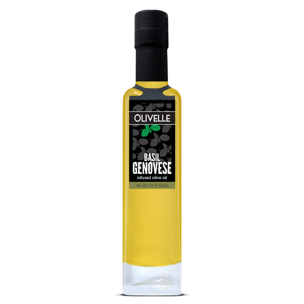 Bottle of Olivelle Basil Genovese infused olive oil on a white background