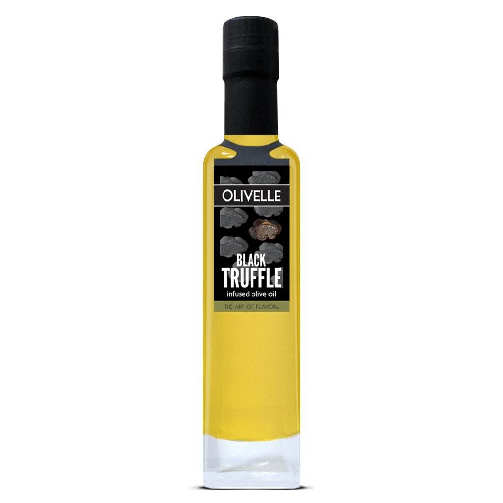 Bottle of Olivelle Black Truffle-infused olive oil on a white background