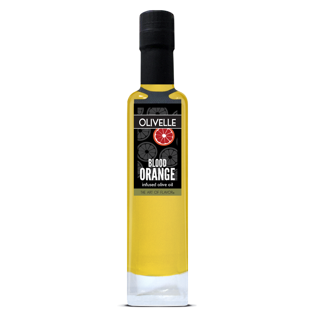 Bottle of Olivelle Blood Orange infused olive oil on a white background