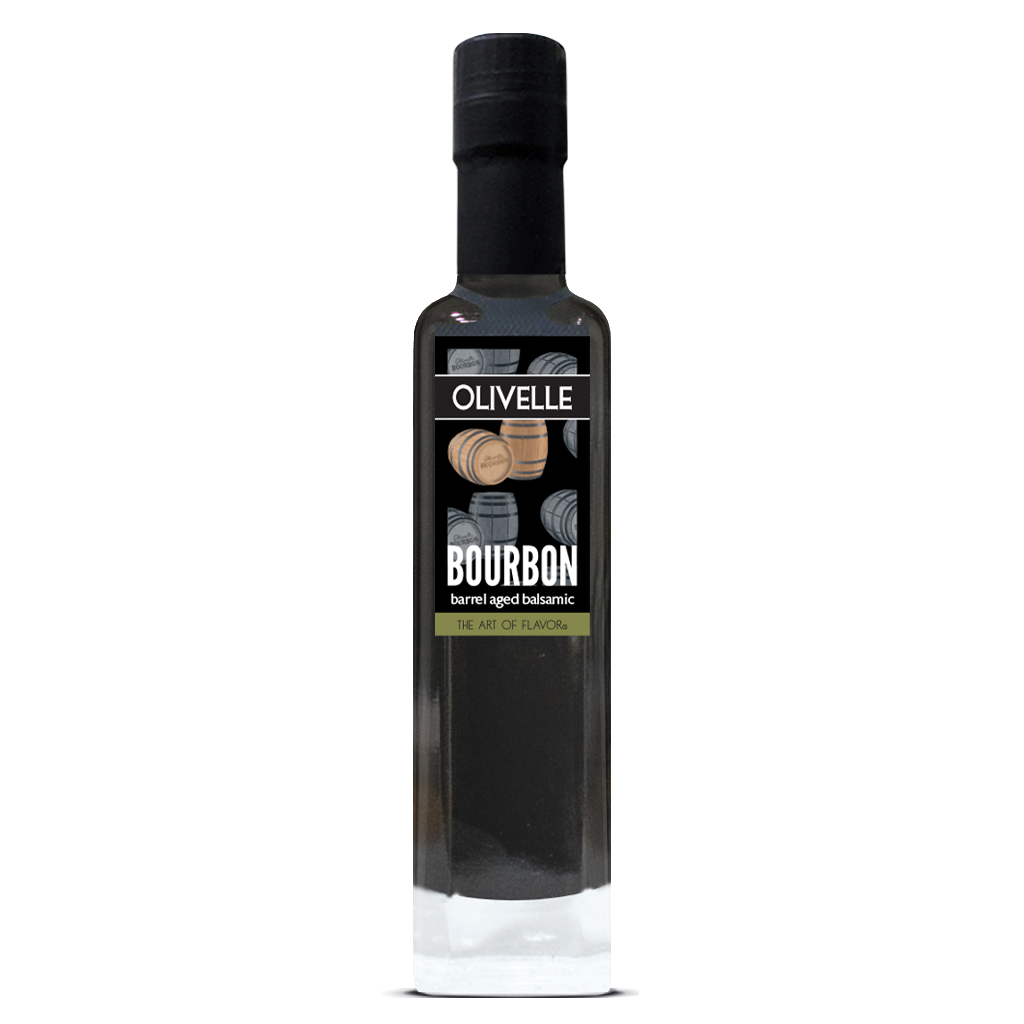 Bottle of Olivelle Bourbon barrel-aged extra virgin olive oil on a white background