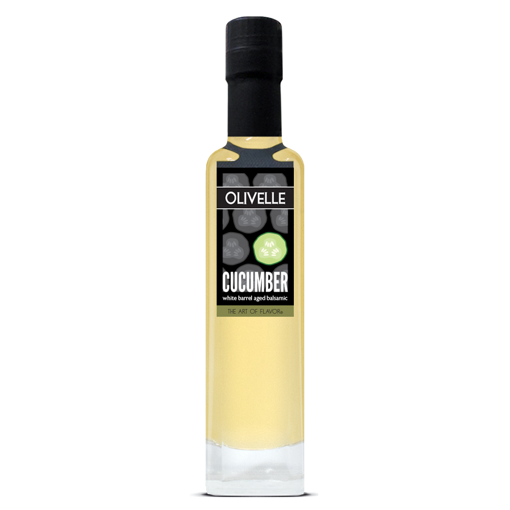 Bottle of Olivelle cucumber vinegar on a white background