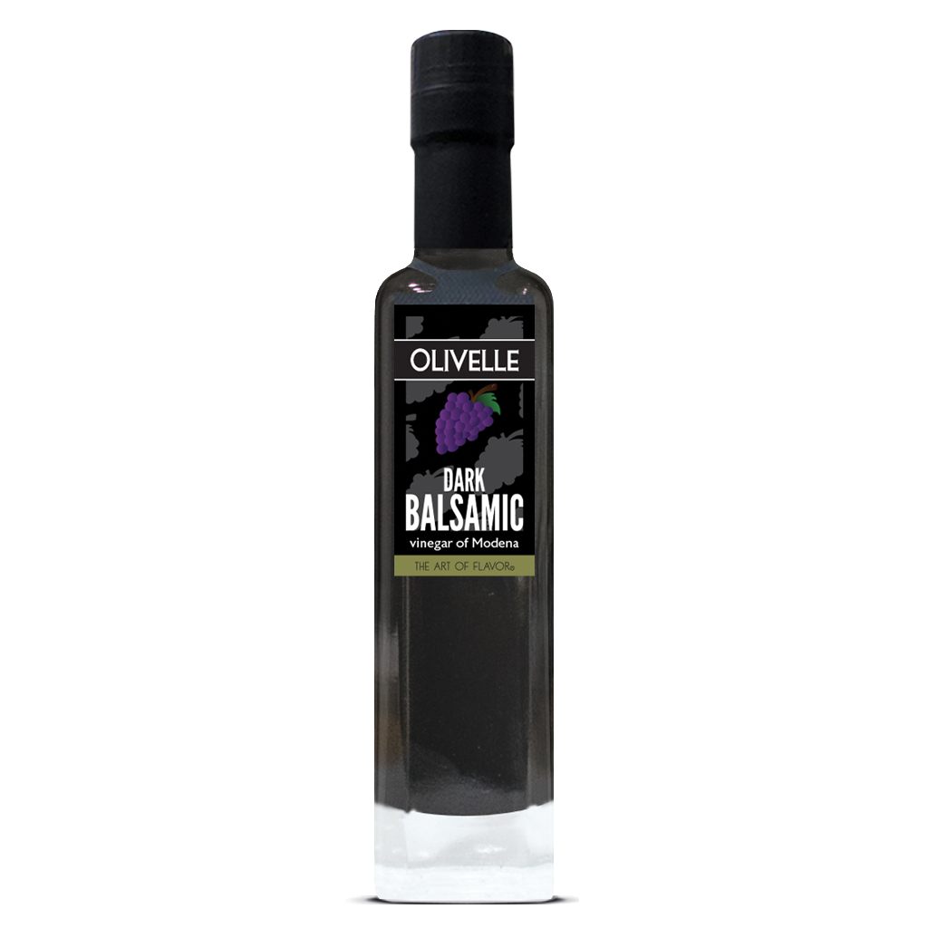 Bottle of Olivelle Dark Balsamic vinegar on a white background