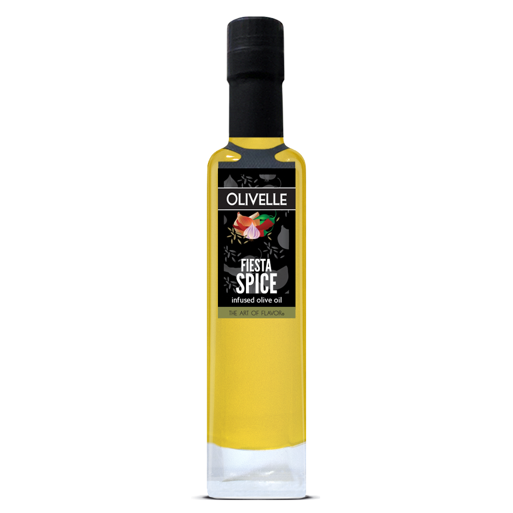 Bottle of Olivelle Fiesta Spice infused olive oil on a white background
