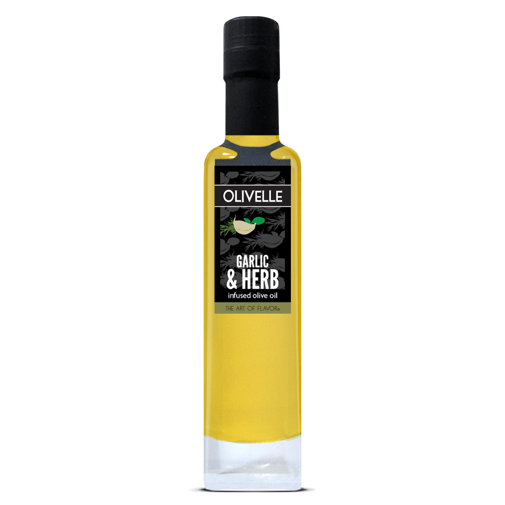 Bottle of Olivelle Garlic & Herb infused olive oil on a white background