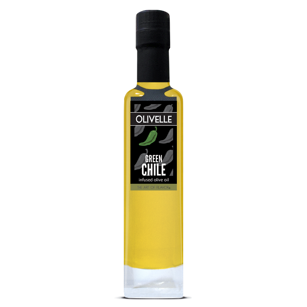 Bottle of Olivelle Green Chile infused olive oil on a white background
