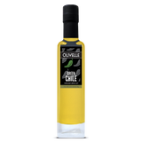 Bottle of Olivelle Green Chile infused olive oil on a white background