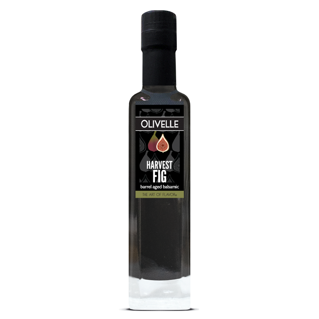 Bottle of Olivelle Harvest Fig balsamic vinegar on a white background