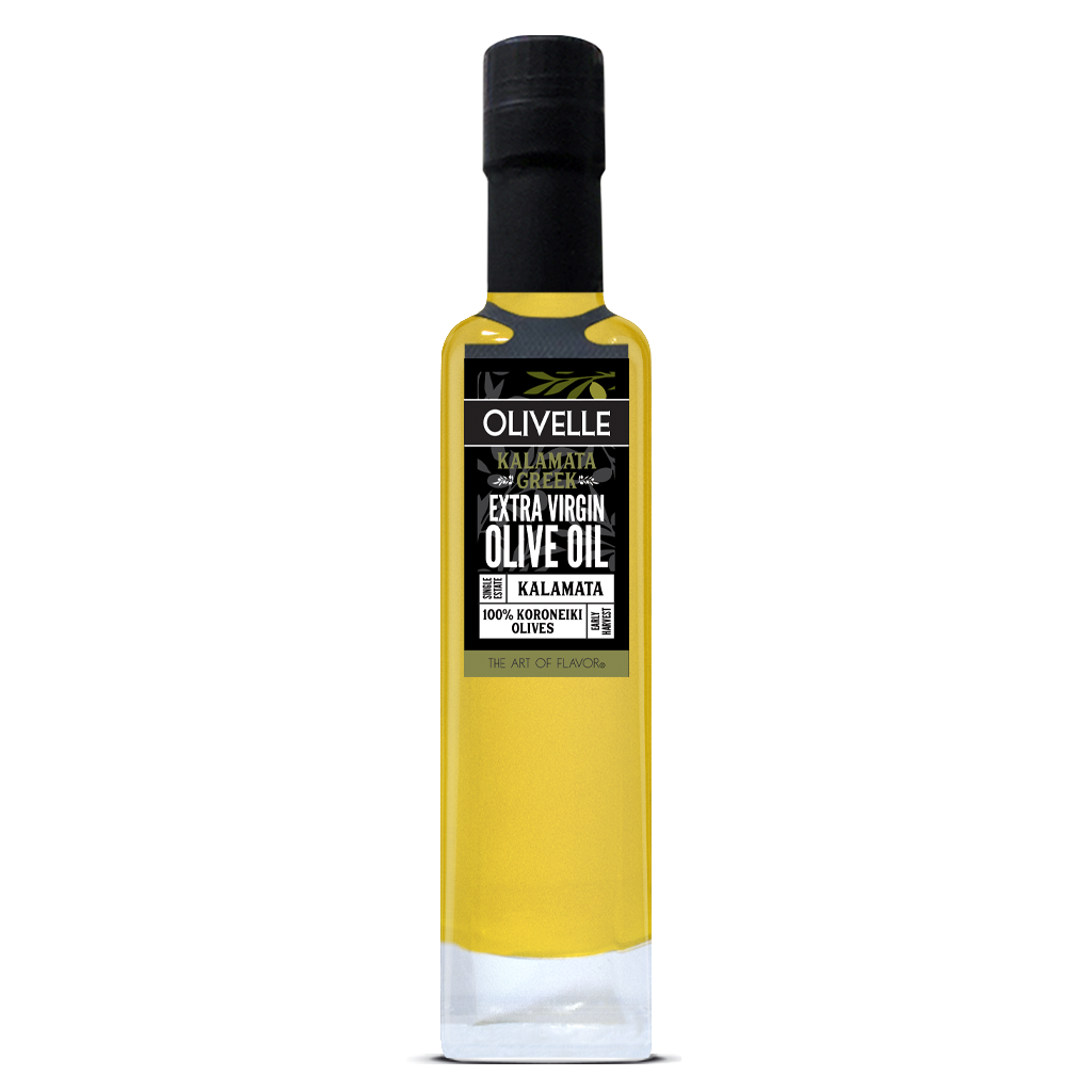 Bottle of Olivelle Kalamata Extra Virgin Olive Oil on a white background