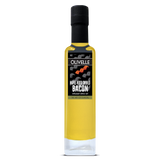 Bottle of Olivelle maple wood smoked bacon infused olive oil on a white background