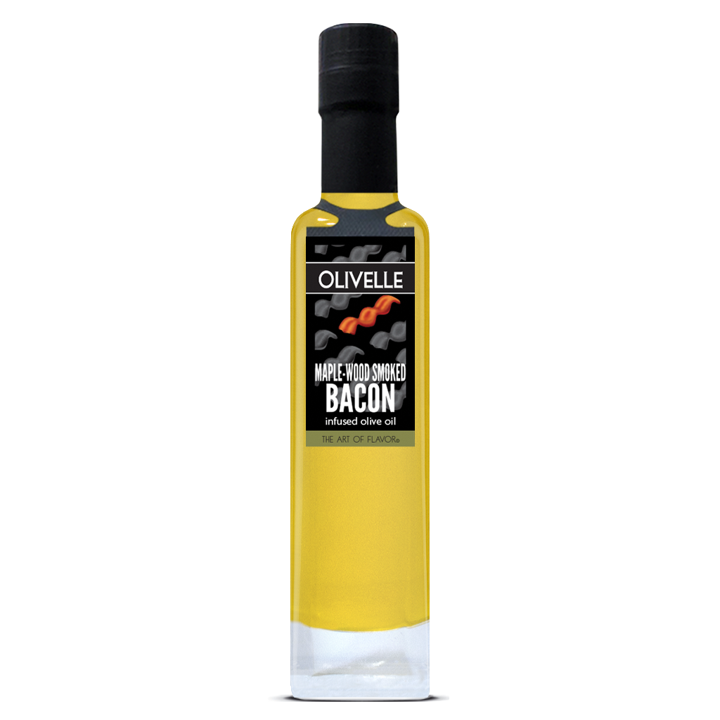 Bottle of Olivelle maple wood smoked bacon infused olive oil on a white background