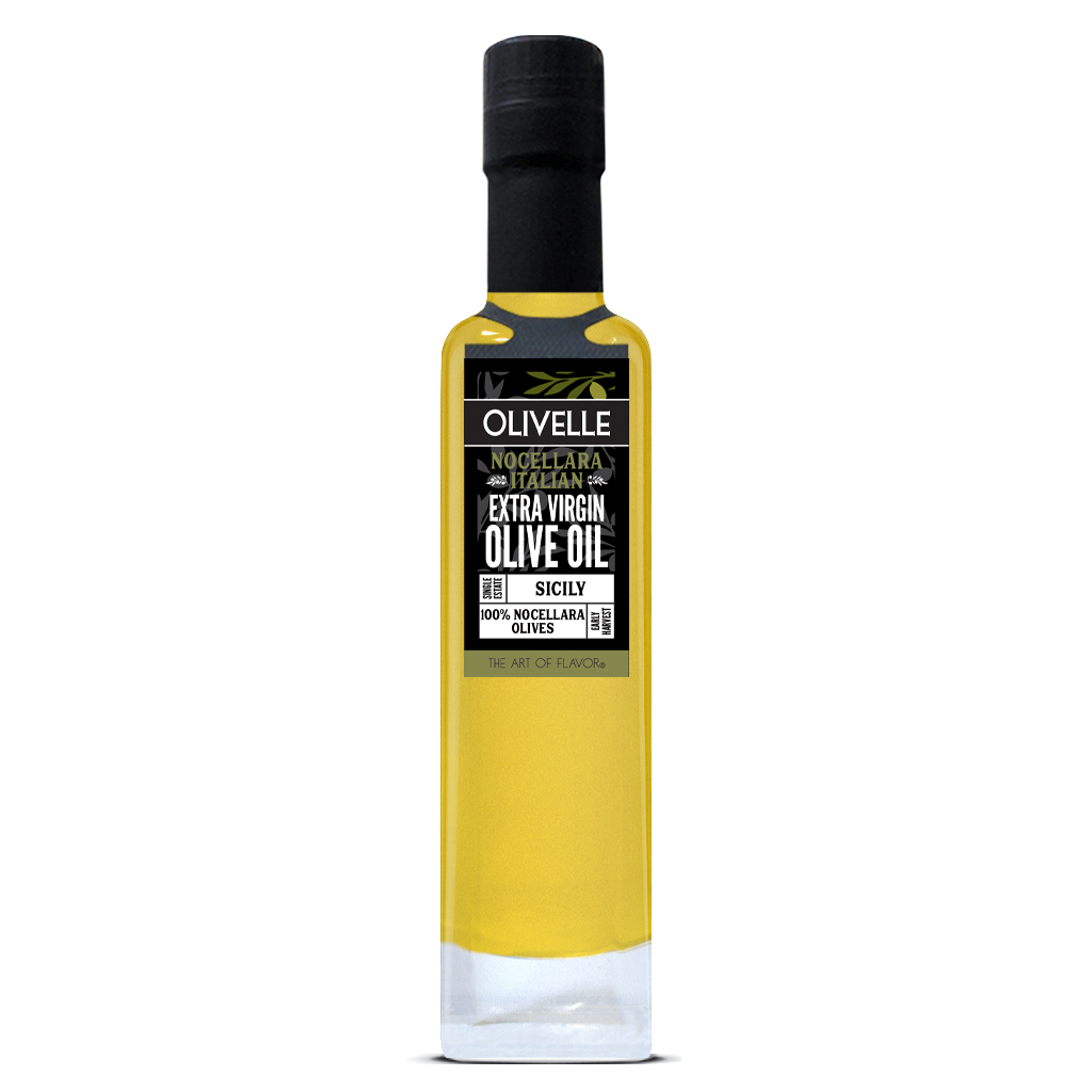 Bottle of Olivelle extra virgin olive oil on a white background