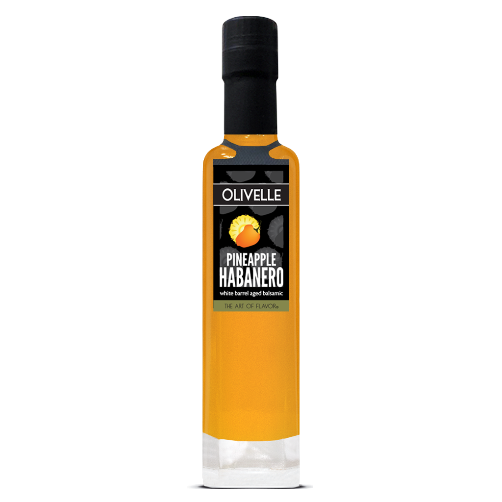 Bottle of Olivelle Pineapple Habanero olive oil on a white background