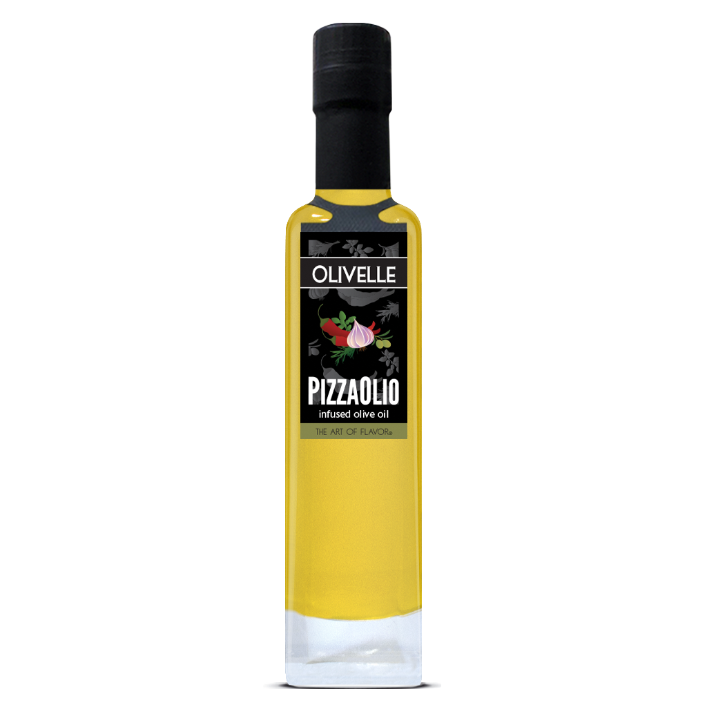 Bottle of Olivelle Pizzolio infused olive oil on a white background