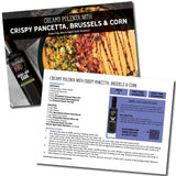 Recipe card for creamy polenta with crispy pancetta, brussels & corn, featuring Olivelle balsamic vinegar.