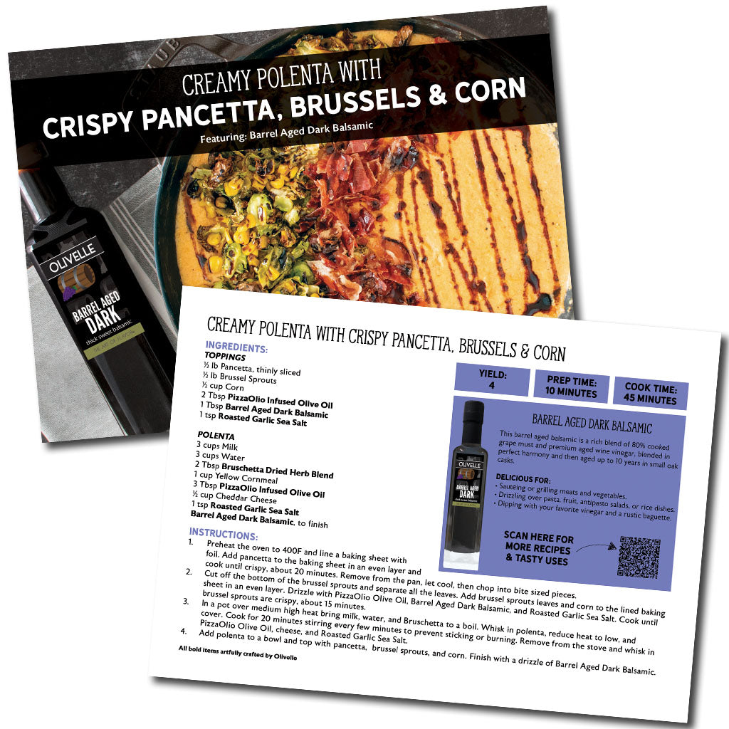 Recipe card for creamy polenta with crispy pancetta, brussels & corn, featuring Olivelle balsamic vinegar.