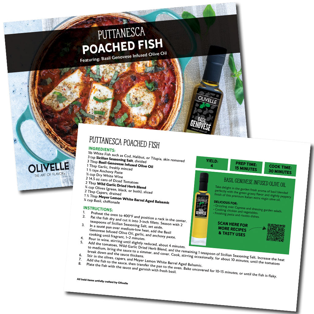Olivelle recipe card for Puttanesca Poached Fish with a bottle of olive oil.