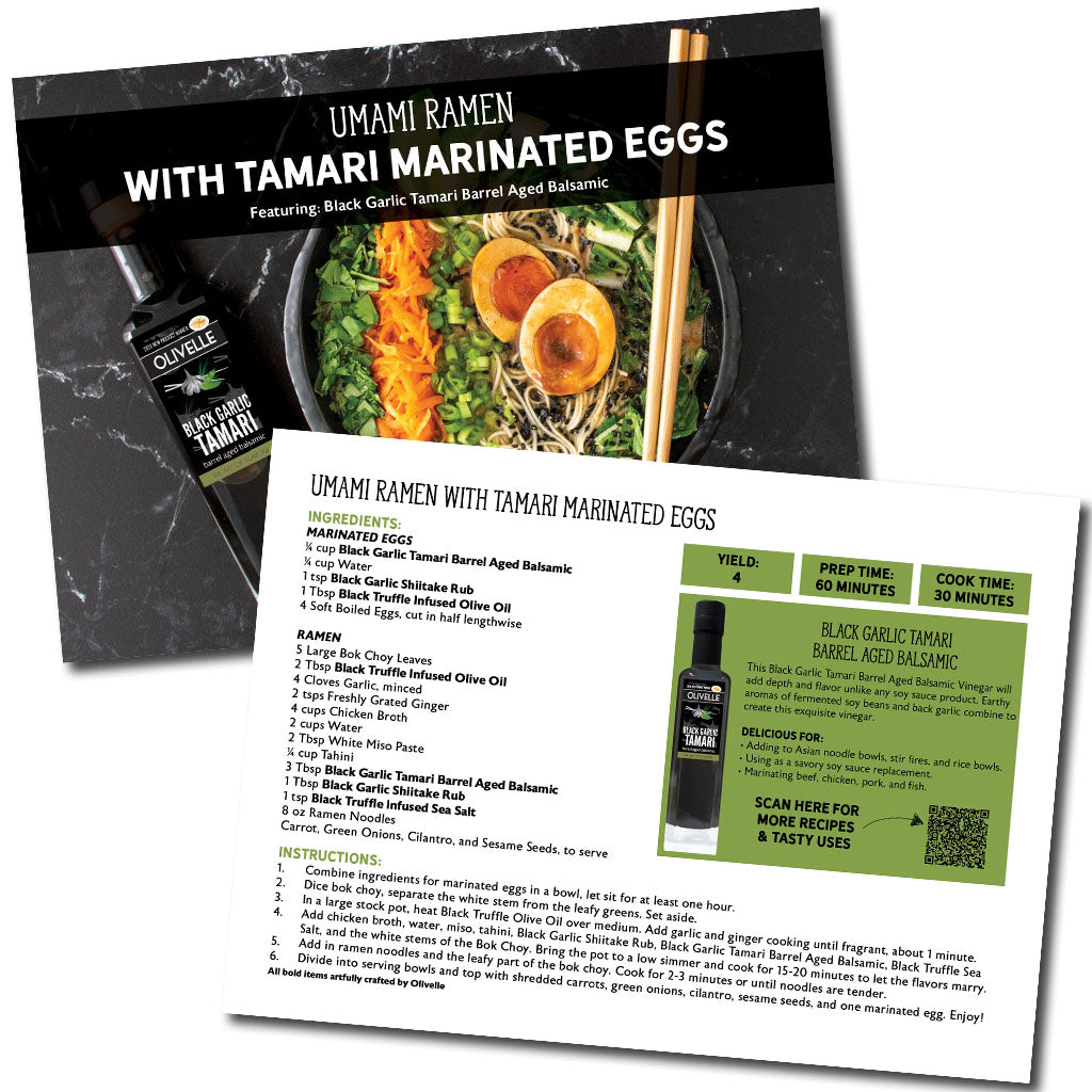 Recipe card for Umami Ramen with Tamari Marinated Eggs featuring Olcellle Tamari bottle.
