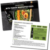 Recipe card for Umami Ramen with Tamari Marinated Eggs featuring Olcellle Tamari bottle.