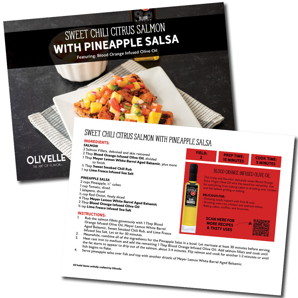 Recipe card for Sweet Chili Citrus Salmon with Pineapple Salsa featuring Olivelle products.