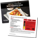Recipe card for Sweet Chili Citrus Salmon with Pineapple Salsa featuring Olivelle products.