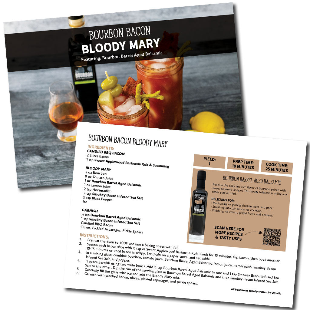 Recipe card for Bourbon Bacon Bloody Mary with a photo of the drink on a wooden surface.