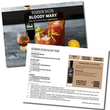 Recipe card for Bourbon Bacon Bloody Mary with a photo of the drink on a wooden surface.