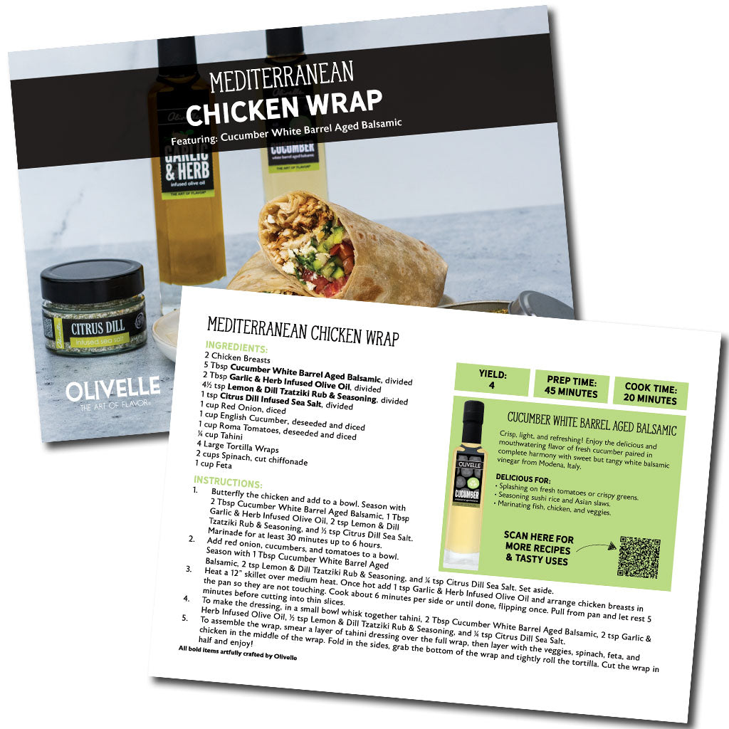 Mediterranean Chicken Wrap recipe card with ingredients and instructions.
