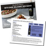 Olivelle recipe card for Italian meatballs with dark balsamic red sauce, featuring ingredients and preparation instructions.