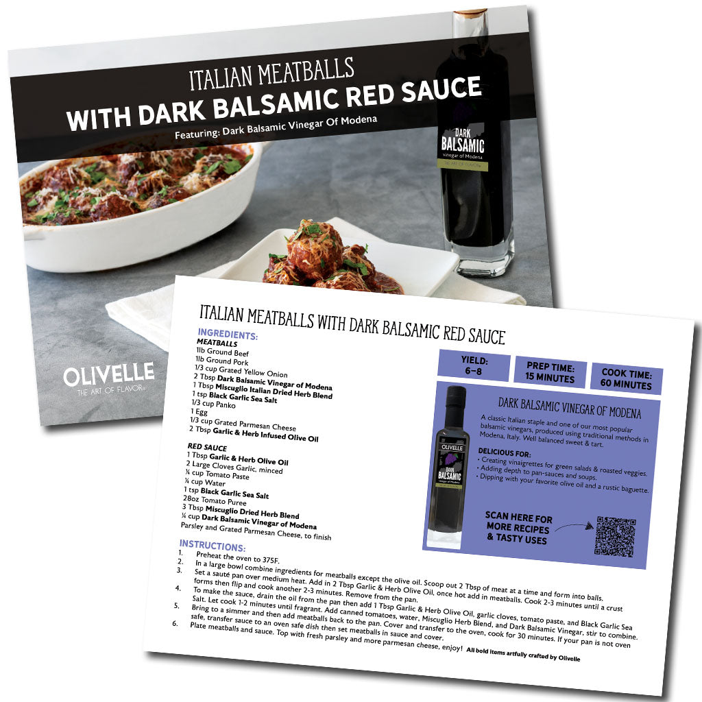Olivelle recipe card for Italian meatballs with dark balsamic red sauce, featuring ingredients and preparation instructions.