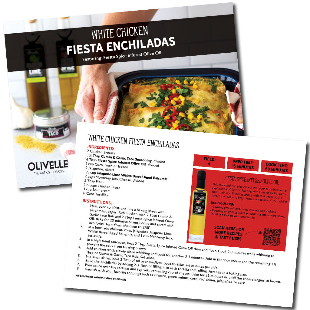 Olivelle recipe card for White Chicken Fiesta Enchiladas with ingredients and instructions.