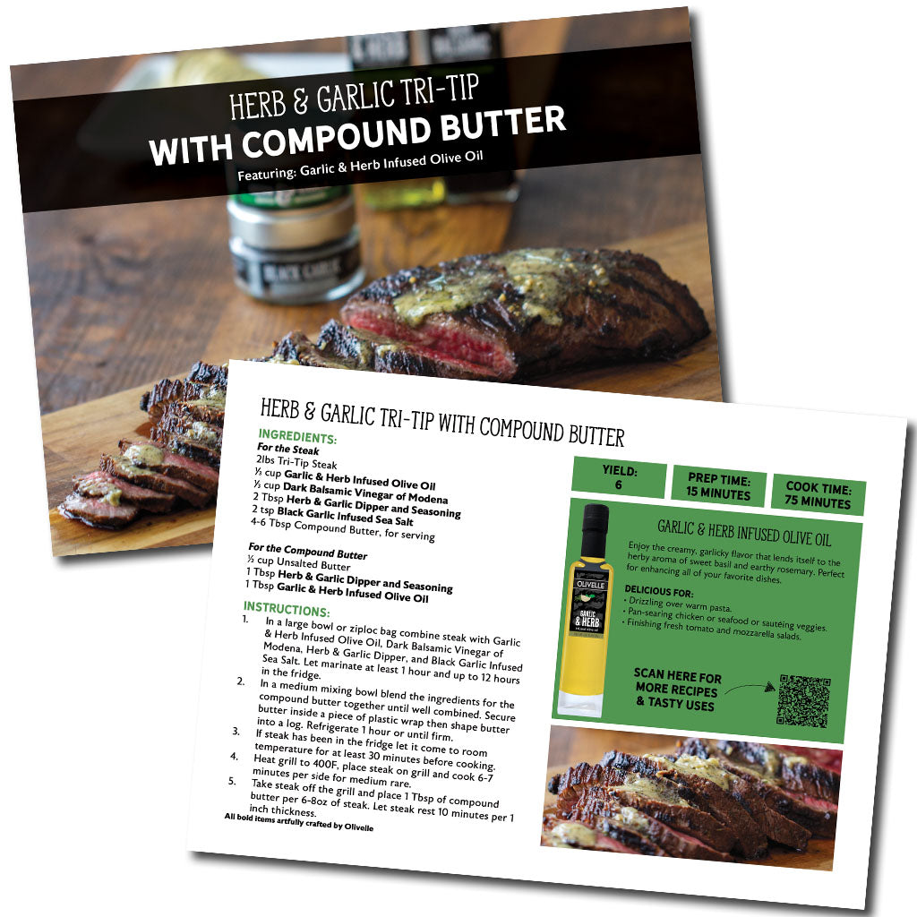 Recipe card for Herb & Garlic Tri-Tip with Compound Butter on a wooden surface.