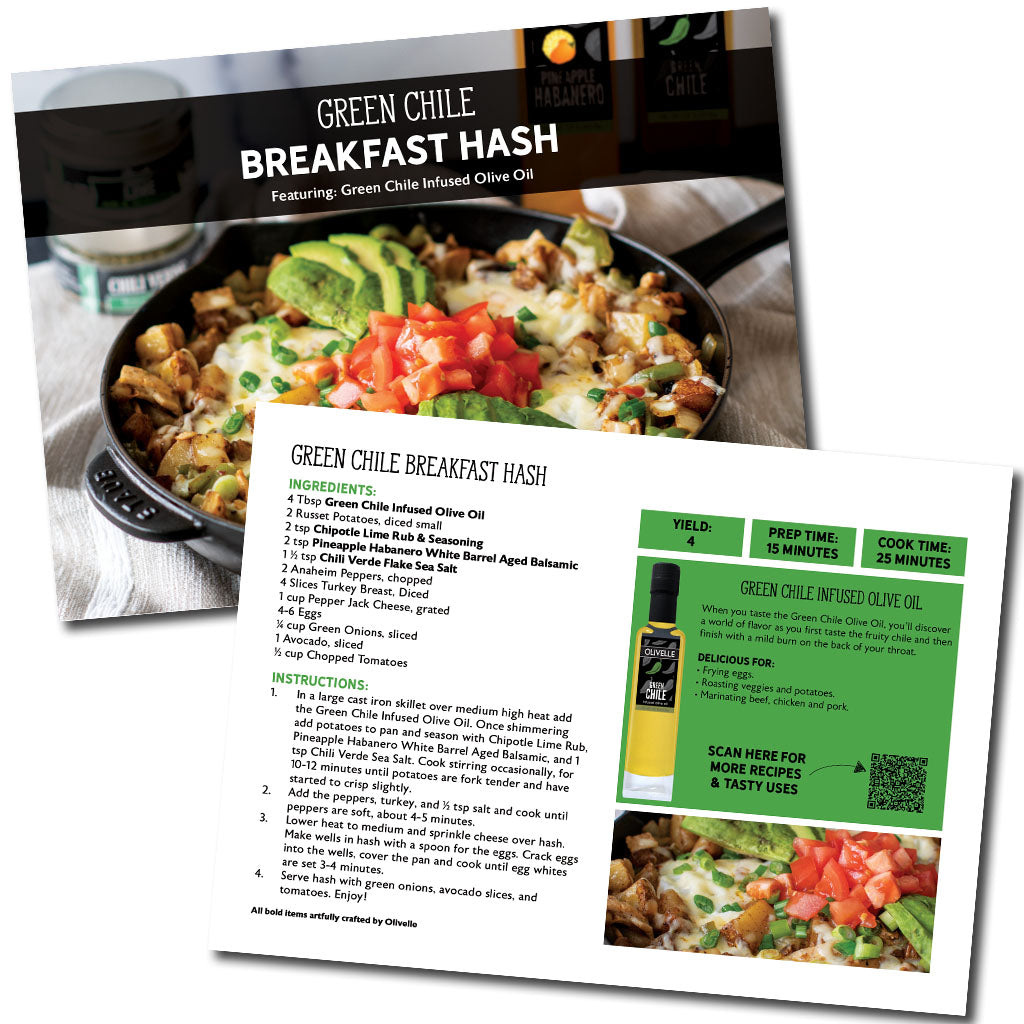Recipe card for Green Chile Breakfast Hash with ingredients and instructions.