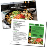 Recipe card for Green Chile Breakfast Hash with ingredients and instructions.