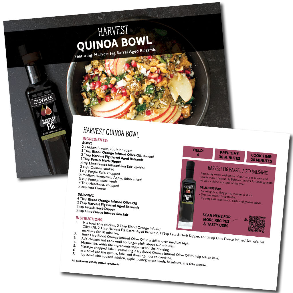 Harvest Quinoa Bowl recipe card with Olivelle Harvest Fig product on a white background